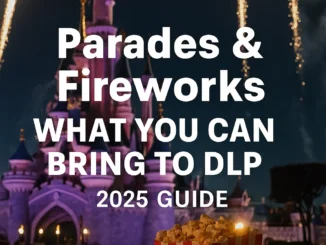 Guests waiting for Disneyland Paris parade and fireworks with text overlay showing rules on what you can bring in 2025.