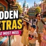 family exploring theme park shops and hidden extras with souvenirs and snacks in colourful park setting