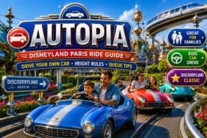 Family driving futuristic Autopia cars in Discoveryland at Disneyland Paris