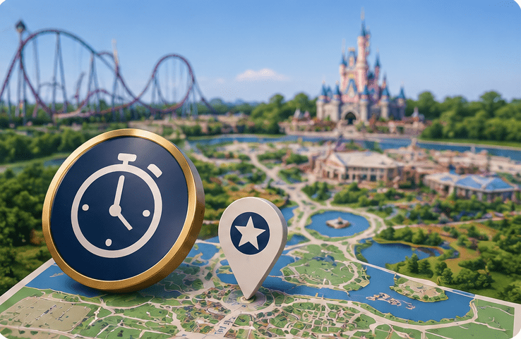 Disneyland Paris ride planning guide showing park map, attractions and queue management tips