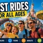 Best rides at Disneyland Paris for toddlers teens adults and families theme park scene with roller coaster castle and happy family