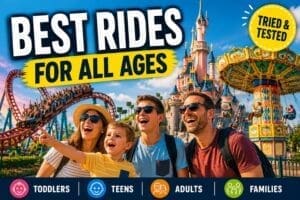 Best rides at Disneyland Paris for toddlers teens adults and families theme park scene with roller coaster castle and happy family