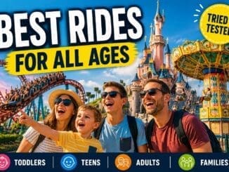 Best rides at Disneyland Paris for toddlers teens adults and families theme park scene with roller coaster castle and happy family