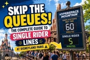 Disneyland Paris single rider lines guide showing shorter wait times for Hyperspace Mountain compared to regular queues