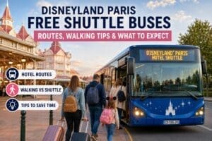 Family boarding a Disneyland Paris hotel shuttle bus outside a Disney-style hotel with luggage and backpacks, showing shuttle routes, walking tips and hotel transport advice.