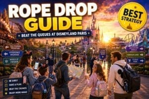 Family using rope drop strategy at Disneyland Paris during sunrise with castle, ride signs and guests heading toward attractions