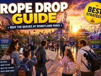 Family using rope drop strategy at Disneyland Paris during sunrise with castle, ride signs and guests heading toward attractions