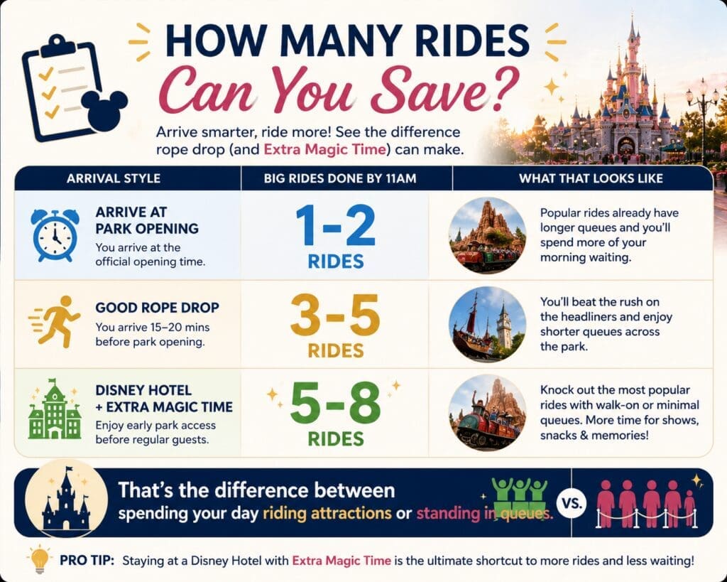 Infographic comparing Disneyland Paris ride counts by 11am for guests arriving at park opening, using rope drop and staying at a Disney Hotel with Extra Magic Time.