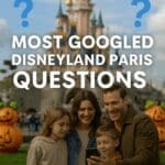 Family planning Disneyland Paris trip with phones and guidebooks, with question mark icons and Sleeping Beauty Castle in background