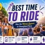 Family using smart queue strategies at Disneyland Paris with short ride queue, castle background and queue-planning tips graphics