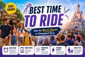 Family using smart queue strategies at Disneyland Paris with short ride queue, castle background and queue-planning tips graphics