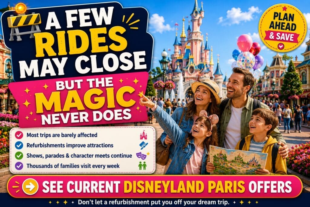 Happy family enjoying a Disneyland Paris holiday despite attraction refurbishments, encouraging visitors to continue planning their trip and check current offers.