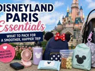 Family packing Disneyland Paris essentials including ponchos, portable charger, water bottle, snacks and stroller fan for a theme park day