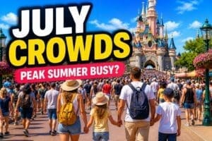 Disneyland Paris in July guide showing busy summer park with large crowds walking toward castle in bright sunshine