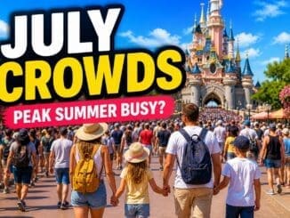 Disneyland Paris July crowds guide showing busy summer park with large crowds walking toward castle in bright sunshine