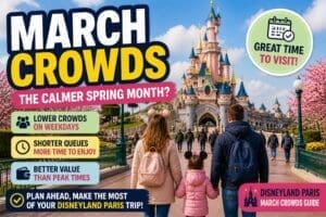 Disneyland Paris in March guide with family walking toward the castle in spring sunshine and lighter weekday crowds