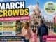 Disneyland Paris March crowds guide with family walking toward castle in spring sunshine and lighter weekday crowds