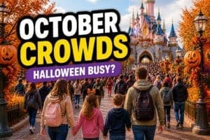 Disneyland Paris in October guide showing autumn park atmosphere, Halloween decorations, pumpkins and families walking toward the castle