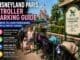 Families parking strollers outside Disneyland Paris rides with pushchairs lined up near attraction entrances