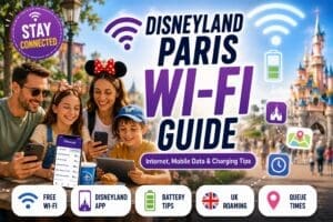 Disneyland Paris Wi-Fi guide feature image showing family using phones and tablet near the castle with free Wi-Fi, mobile app and charging tips