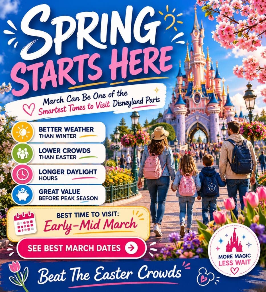 Spring-themed Disneyland Paris planning infographic showing family enjoying milder March weather, lower crowds before Easter and colourful flowers around the castle.