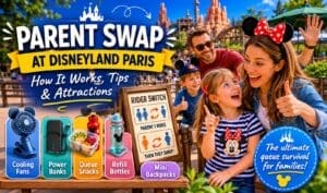 Disneyland Paris Rider Switch guide showing family using parent swap system near Big Thunder Mountain with step-by-step explanation
