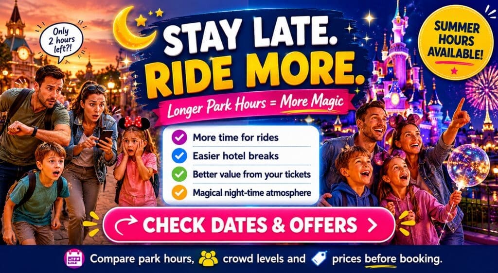 Family enjoying longer Disneyland Paris opening hours with a magical evening atmosphere, showing how later park closing times provide more rides, shows and value.