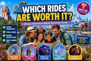 Disney Adventure World rides guide featuring Crush's Coaster, Tower of Terror, Spider-Man W.E.B. Adventure and World of Frozen at Disneyland Paris