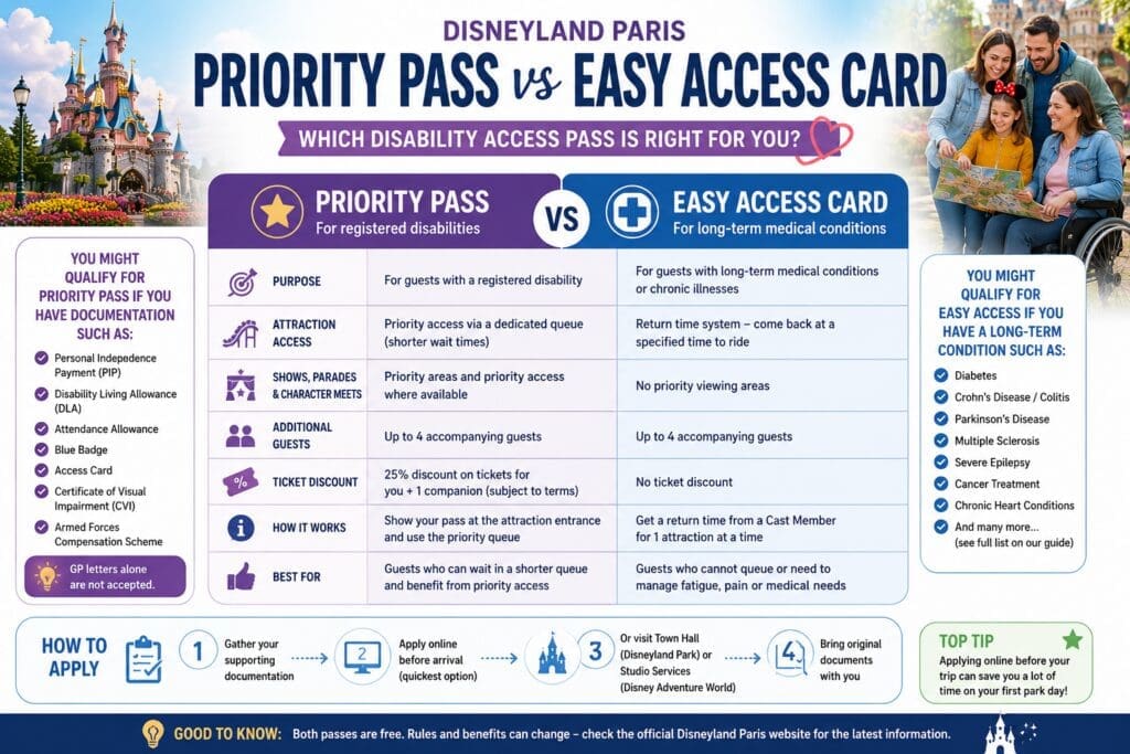 Comparison of Disneyland Paris Priority Pass and Easy Access Card showing eligibility, benefits, attraction access and accepted documentation