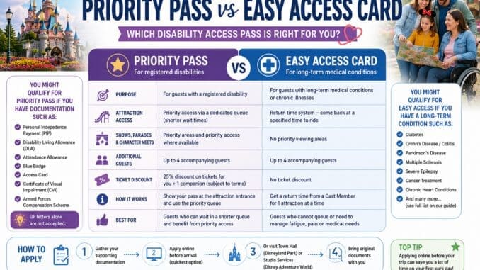 Comparison of Disneyland Paris Priority Pass and Easy Access Card showing eligibility, benefits, attraction access and accepted documentation