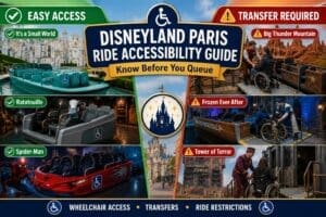 Wheelchair access and ride transfer guide at Disneyland Paris showing accessible attractions and rides requiring transfers
