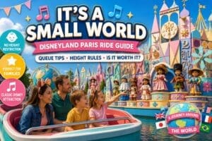 Family enjoying It's a Small World boat ride in Fantasyland at Disneyland Paris