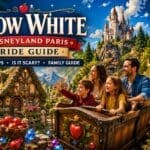 Family enjoying the Snow White ride at Disneyland Paris with storybook cottage, enchanted forest and fairy tale scenery