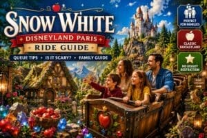 Family enjoying the Snow White ride at Disneyland Paris with storybook cottage, enchanted forest and fairy tale scenery