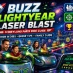 Family riding Buzz Lightyear Laser Blast at Disneyland Paris using laser cannons to defeat robots and earn high scores
