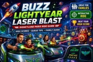 Family riding Buzz Lightyear Laser Blast at Disneyland Paris using laser cannons to defeat robots and earn high scores