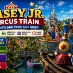 Family enjoying the Casey Jr. Circus Train ride at Disneyland Paris with Storybook Land, Fantasyland scenery and the colourful circus locomotive.