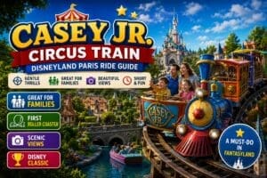 Family enjoying the Casey Jr. Circus Train ride at Disneyland Paris with Storybook Land, Fantasyland scenery and the colourful circus locomotive.